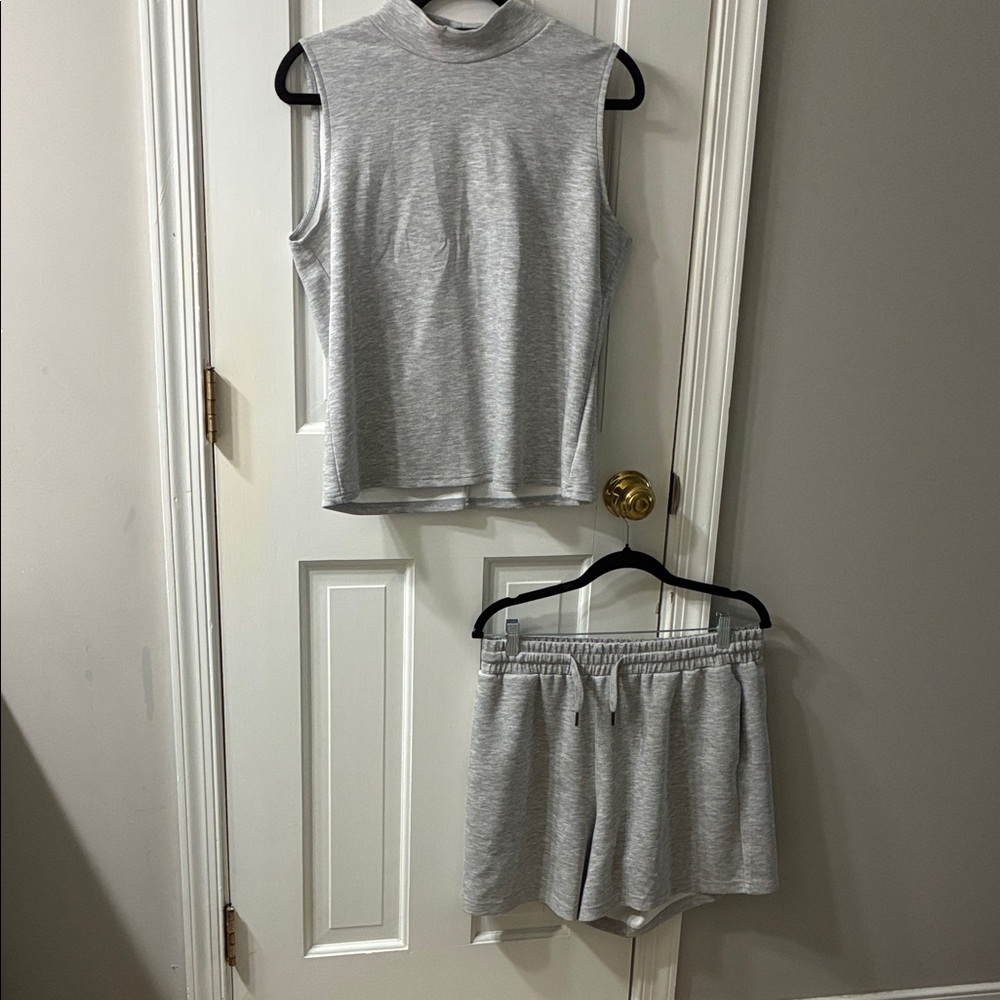 Sleeveless Mock Neck Sleep Top and Drawstring Shorts - Light Gray